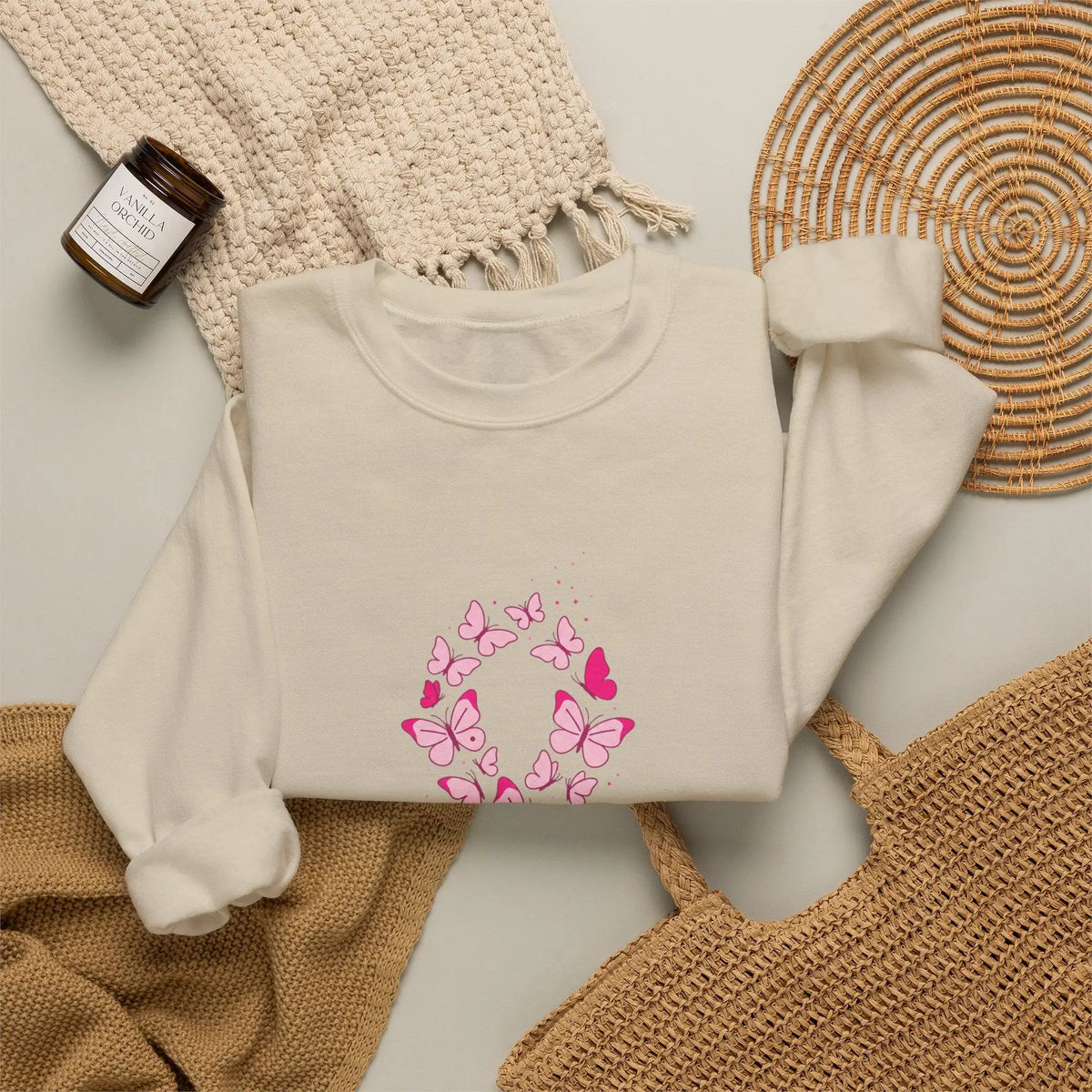 Printify Pink Butterfly Ribbon Sweatshirt | Breast Cancer Awareness, Support - Sweatshirts Sweatshirt