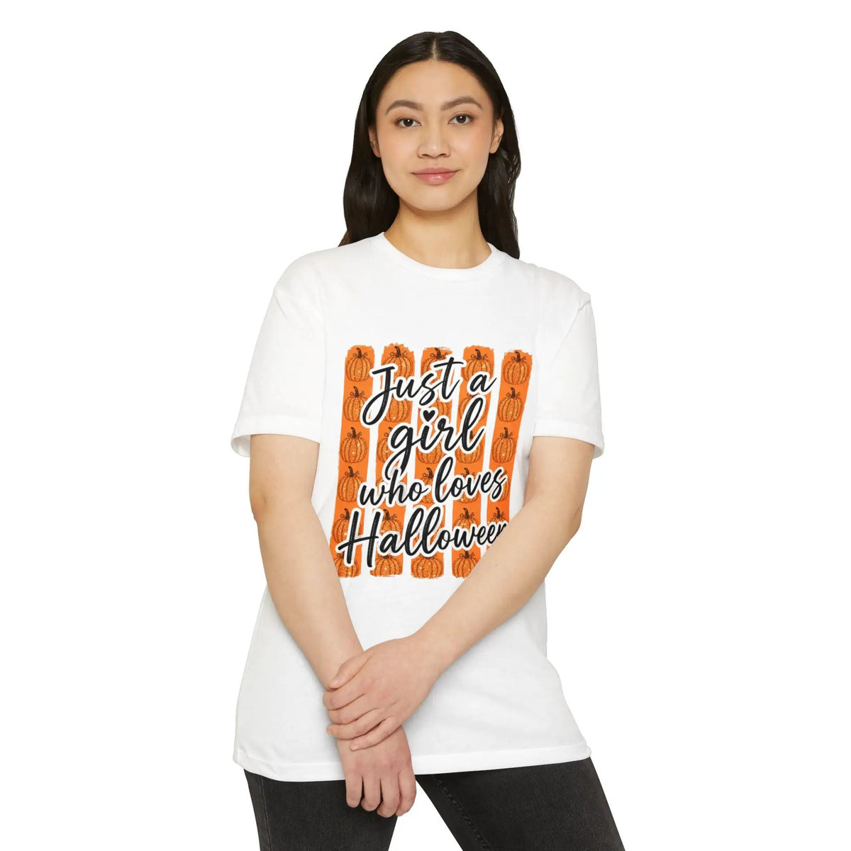Printify Halloween T-Shirt - "Just a Girl Who Loves Halloween" Pumpkin Graphic Tee - T-Shirts T-Shirt