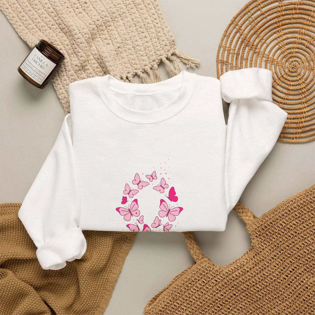 Printify Pink Butterfly Ribbon Sweatshirt | Breast Cancer Awareness, Support - Sweatshirts Sweatshirt