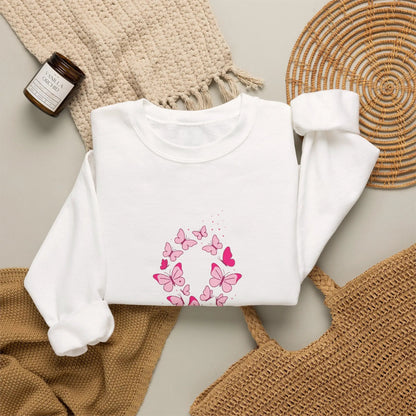 Printify Pink Butterfly Ribbon Sweatshirt | Breast Cancer Awareness, Support - Sweatshirts Sweatshirt