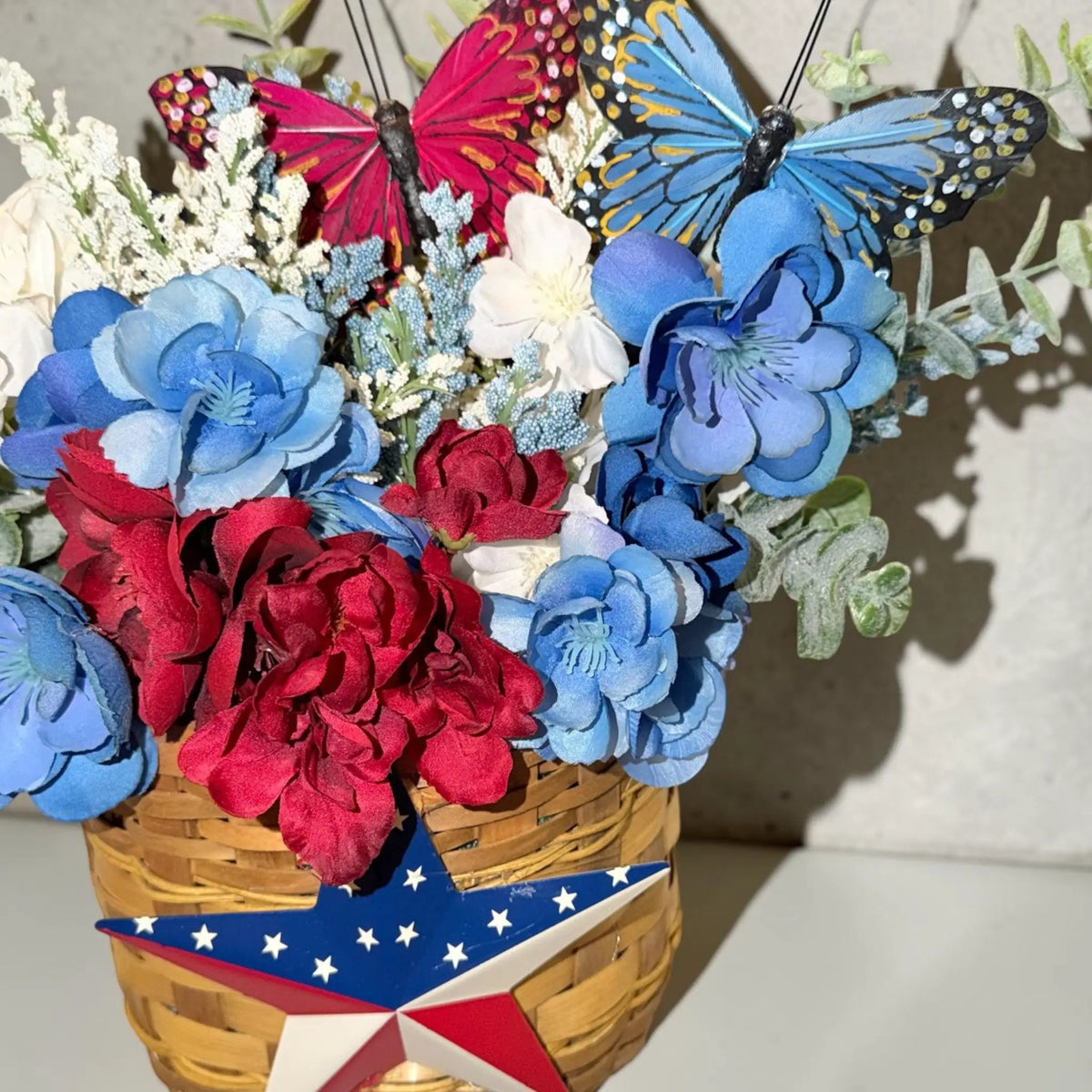 Tulu Prints & Designs Patriotic Floral Door Decor Arrangement | Red White Blue Butterflies, Barn Star Basket - Uncategorized