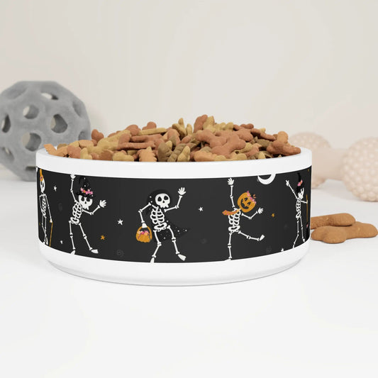 Printify Halloween Dancing Skeletons Pet Bowl — Festive Dog & Cat Food Bowl - Bowls Pets