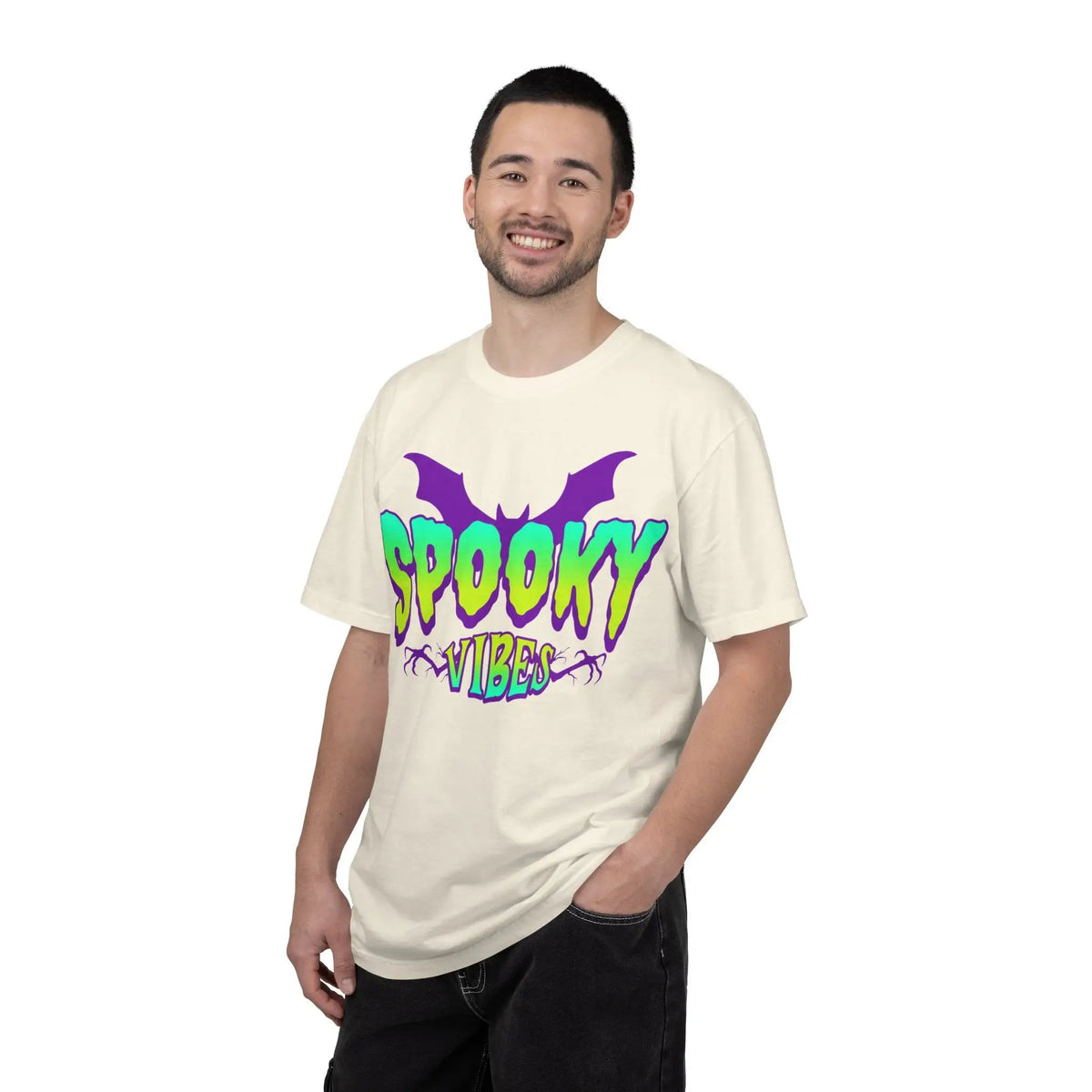 Printify Spooky Vibes T-Shirt — Neon Halloween Bat Graphic Tee - T-Shirts T-Shirt