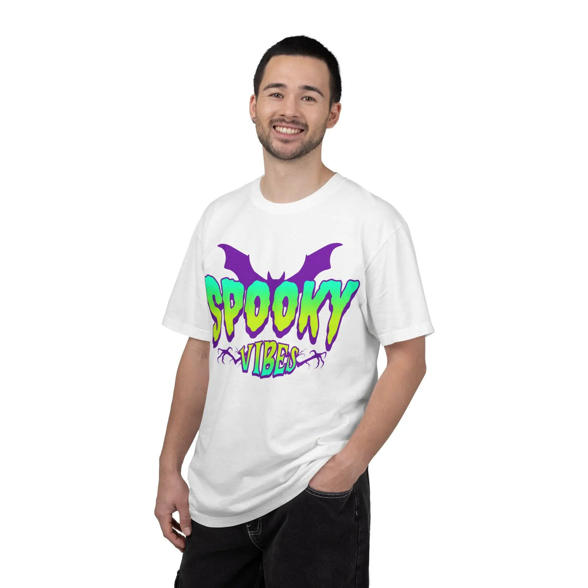Printify Spooky Vibes T-Shirt — Neon Halloween Bat Graphic Tee - T-Shirts T-Shirt