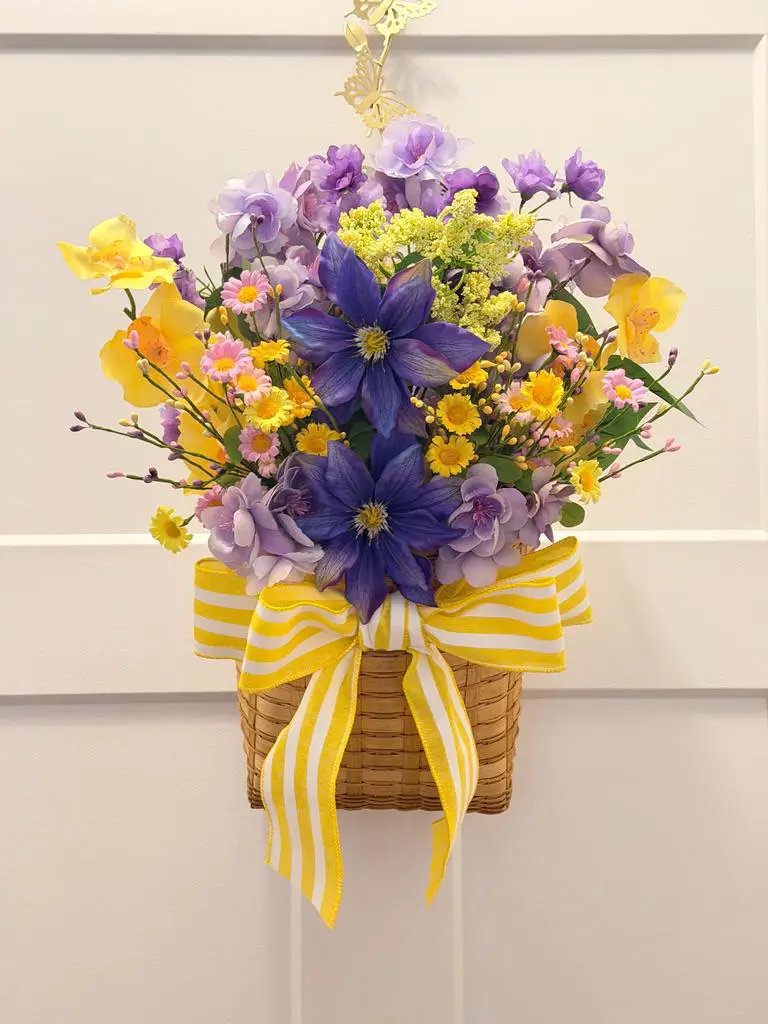 Tulu Prints & Designs Purple & Yellow Floral Basket Arrangement | Summer Centerpiece | Clematis Hydrangea Silk Flowers -