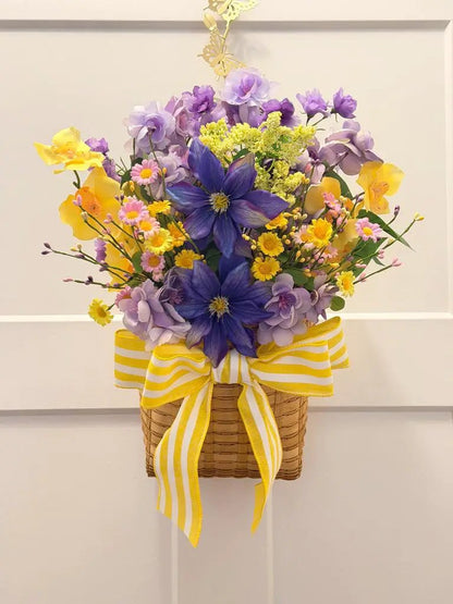 Tulu Prints & Designs Purple & Yellow Floral Basket Arrangement | Summer Centerpiece | Clematis Hydrangea Silk Flowers -