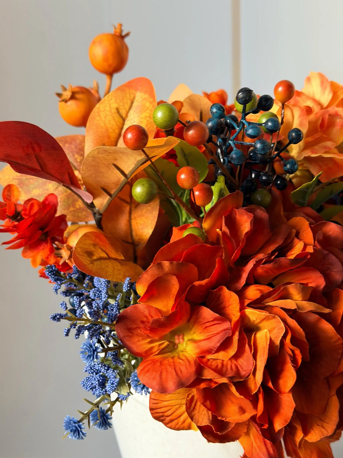 Tulu Prints & Designs Handmade Fall Floral Arrangement | Burnt Orange, Navy Blue Farmhouse Tin Bucket -