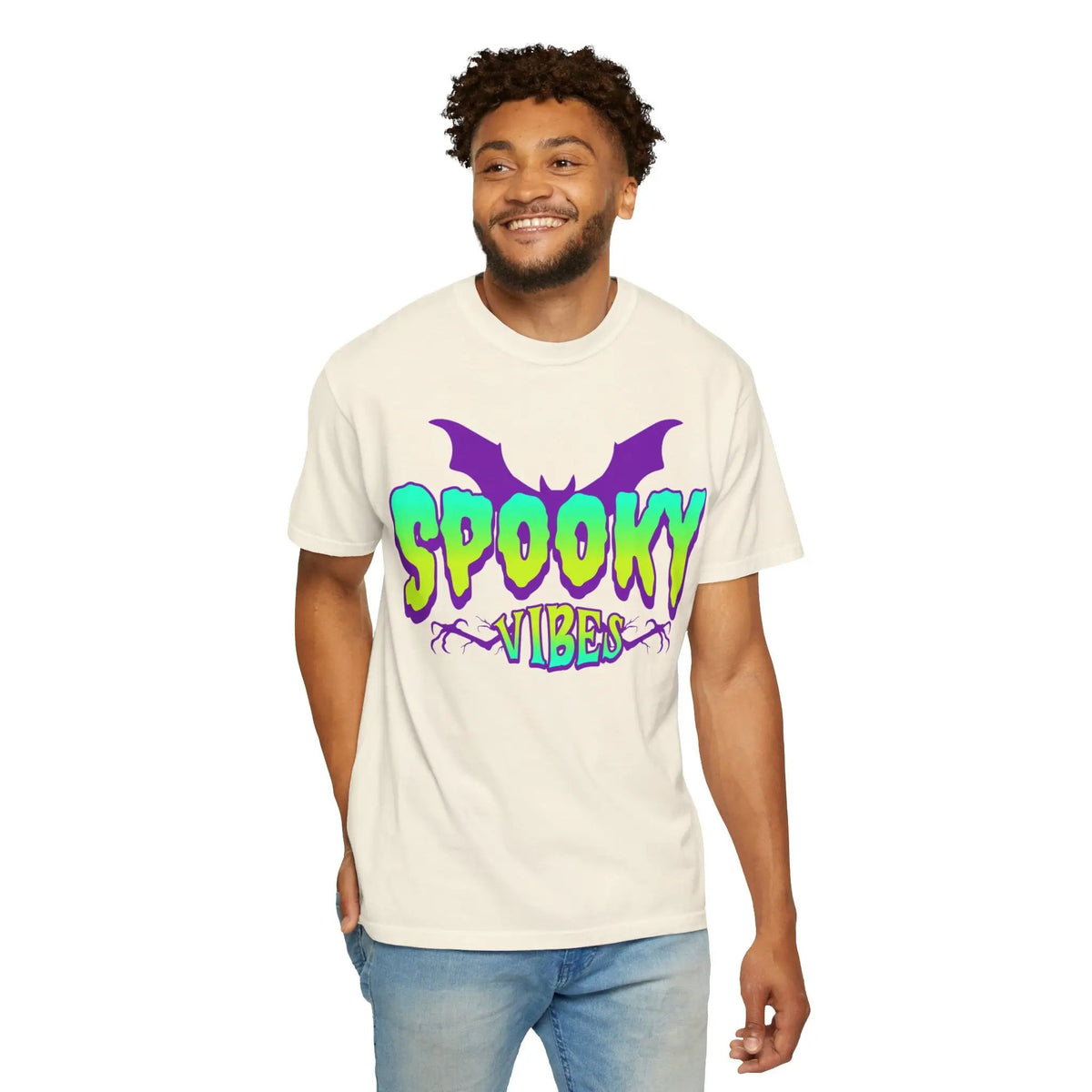 Printify Spooky Vibes T-Shirt — Neon Halloween Bat Graphic Tee - T-Shirts T-Shirt