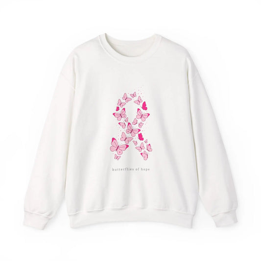Printify Pink Butterfly Ribbon Sweatshirt | Breast Cancer Awareness, Support - Sweatshirts Sweatshirt