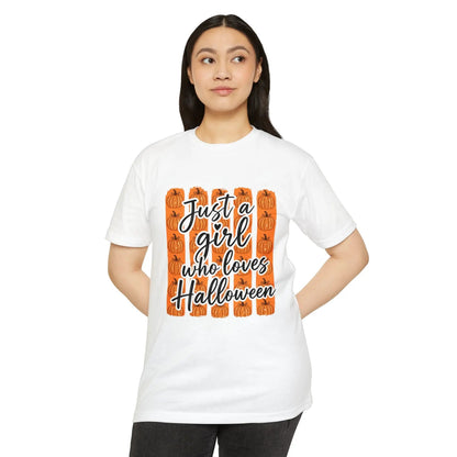 Printify Halloween T-Shirt - "Just a Girl Who Loves Halloween" Pumpkin Graphic Tee - T-Shirts T-Shirt