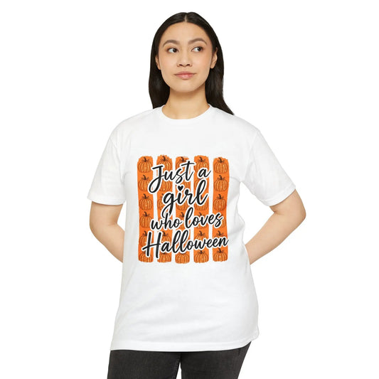 Printify Halloween T-Shirt - "Just a Girl Who Loves Halloween" Pumpkin Graphic Tee - T-Shirts T-Shirt