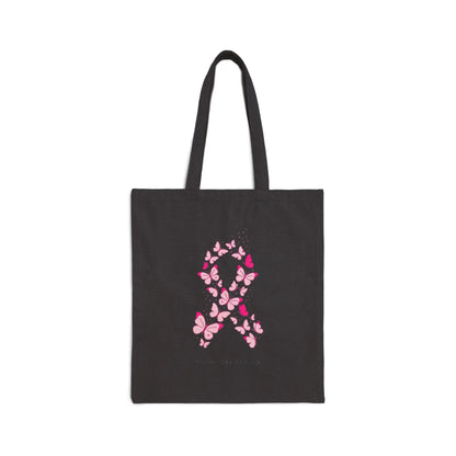 Printify Pink Ribbon Butterfly Tote, Breast Cancer Awareness Canvas Tote | Support, Solidarity - Tote Bags Bags
