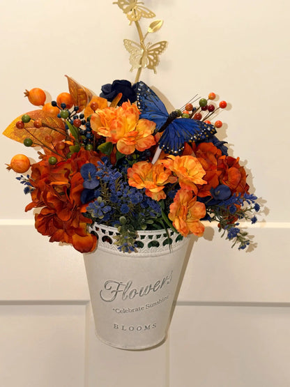 Tulu Prints & Designs Handmade Fall Floral Arrangement | Burnt Orange, Navy Blue Farmhouse Tin Bucket -