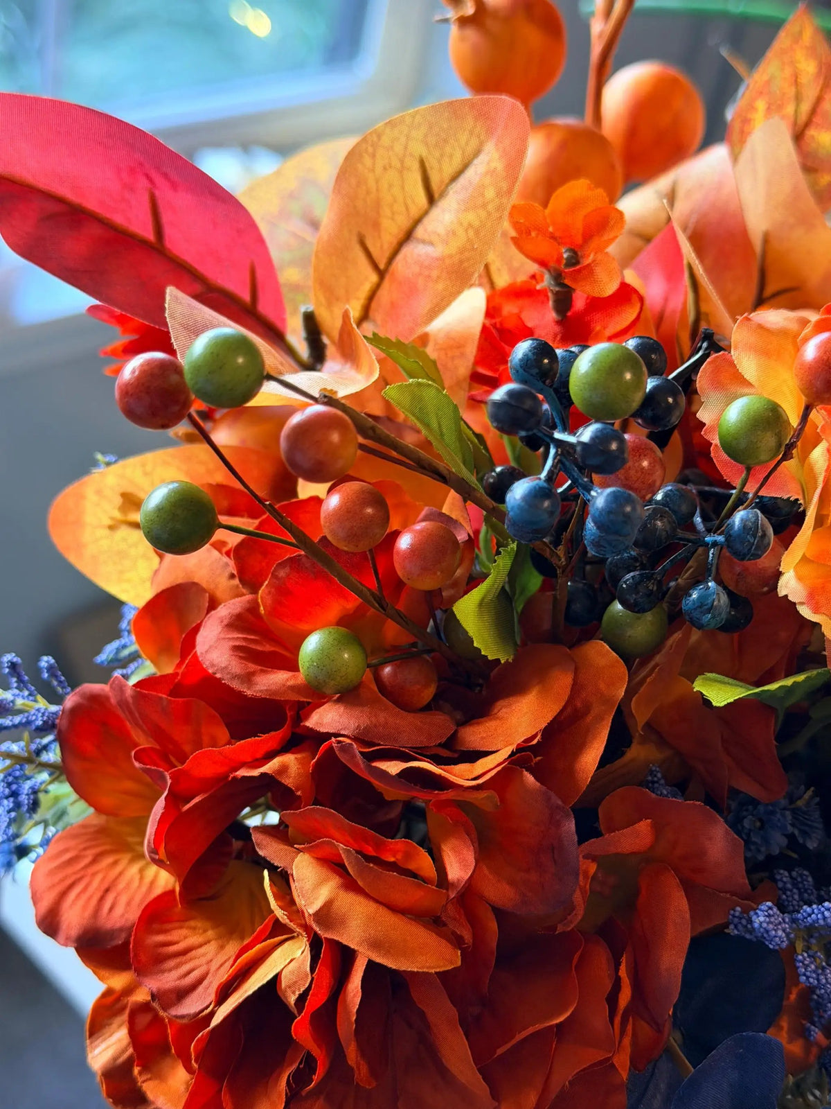 Tulu Prints & Designs Handmade Fall Floral Arrangement | Burnt Orange, Navy Blue Farmhouse Tin Bucket -