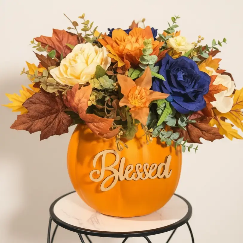 Tulu Prints & Designs Handmade Pumpkin Floral Arrangement | "Blessed" Typography on side | "Thankful" on opposite side - Artificial Flora Home Decor