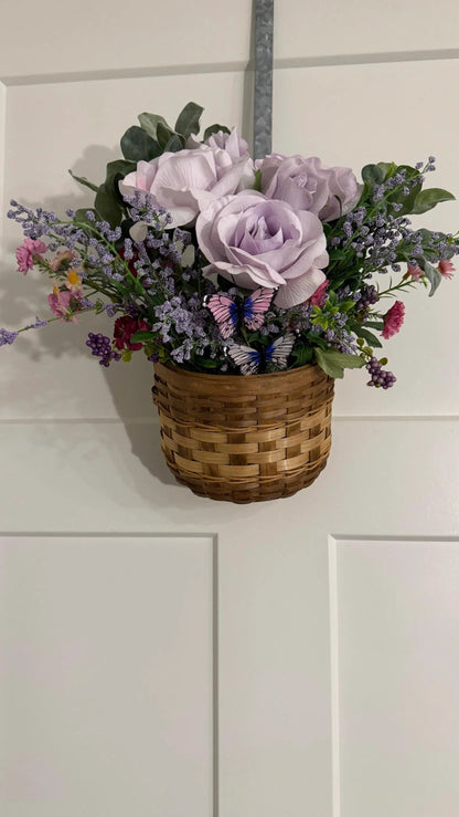 Tulu Prints & Designs Handmade Lavender Rose & Butterfly Silk Floral Hanging Basket — Spring Door Décor - Hanging & Wall Vases