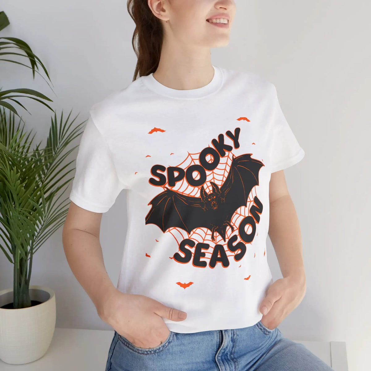 Printify Spooky Season Bat Graphic Halloween Tshirt Lightweight Soft Tee - T-Shirts T-Shirt