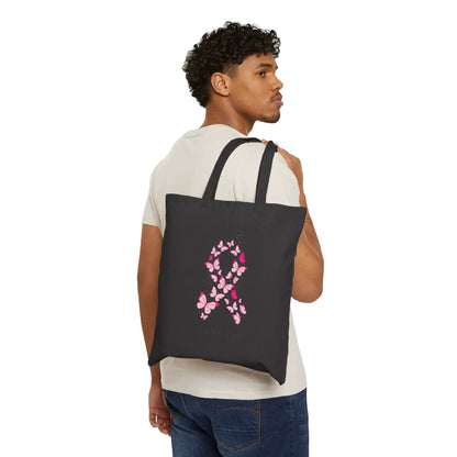 Printify Pink Ribbon Butterfly Tote, Breast Cancer Awareness Canvas Tote | Support, Solidarity - Tote Bags Bags