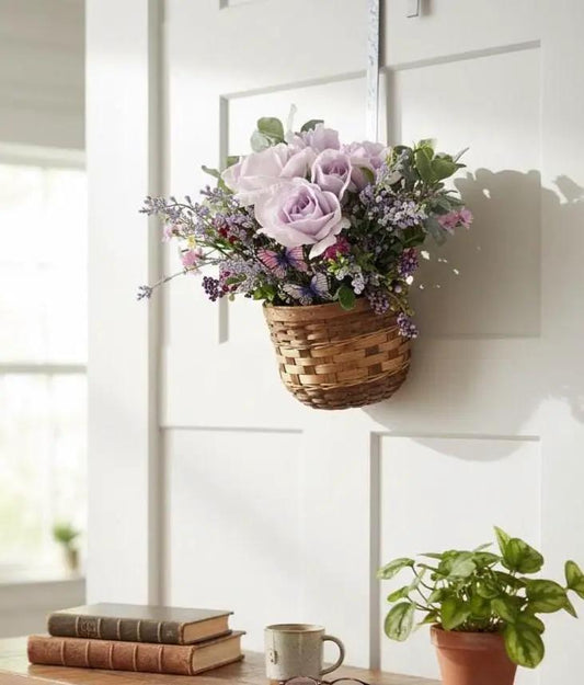 Tulu Prints & Designs Handmade Lavender Rose & Butterfly Silk Floral Hanging Basket — Spring Door Décor - Hanging & Wall Vases