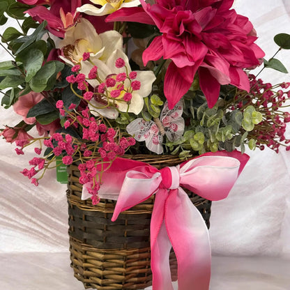 Tulu Prints & Designs Handmade Magenta Dahlia & Orchid Silk Floral Hanging Basket — Front Door Décor -