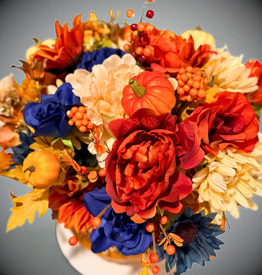 Tulu Prints & Designs Handmade Pumpkin Floral Arrangement | "Blessed" Typography on side | "Thankful" on opposite side - Artificial Flora Home Decor