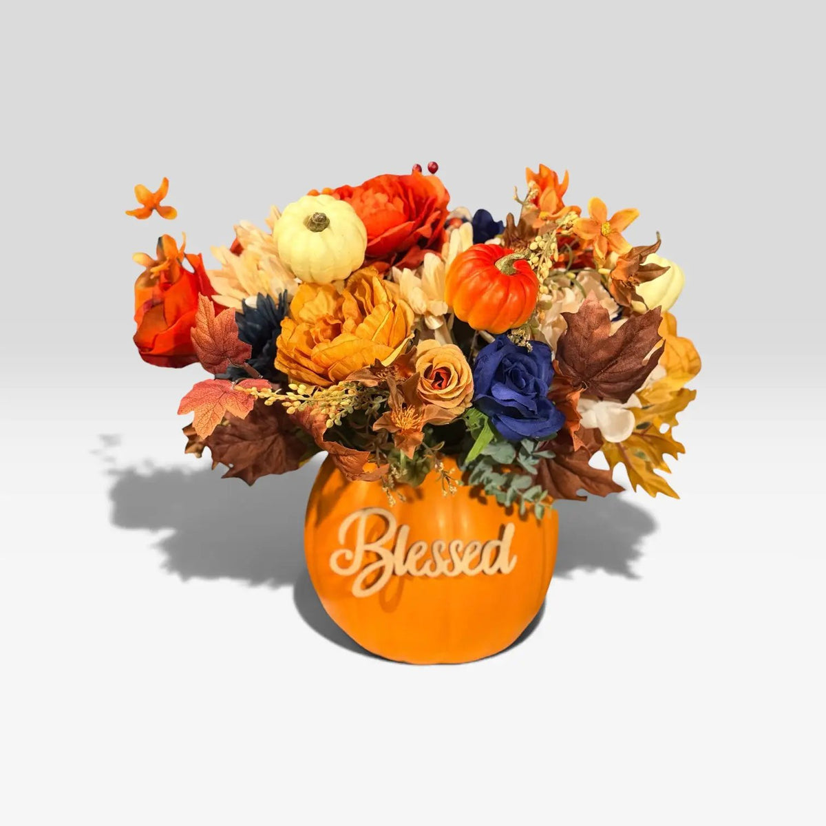 Tulu Prints & Designs Handmade Pumpkin Floral Arrangement | "Blessed" Typography on side | "Thankful" on opposite side - Artificial Flora Home Decor