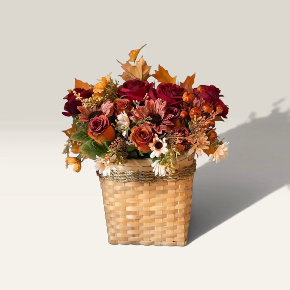 Tulu Designs Burgundy And Rust Rose Woven Wicker Fall Door Basket With Sunflowers - Wreaths Home Decor
