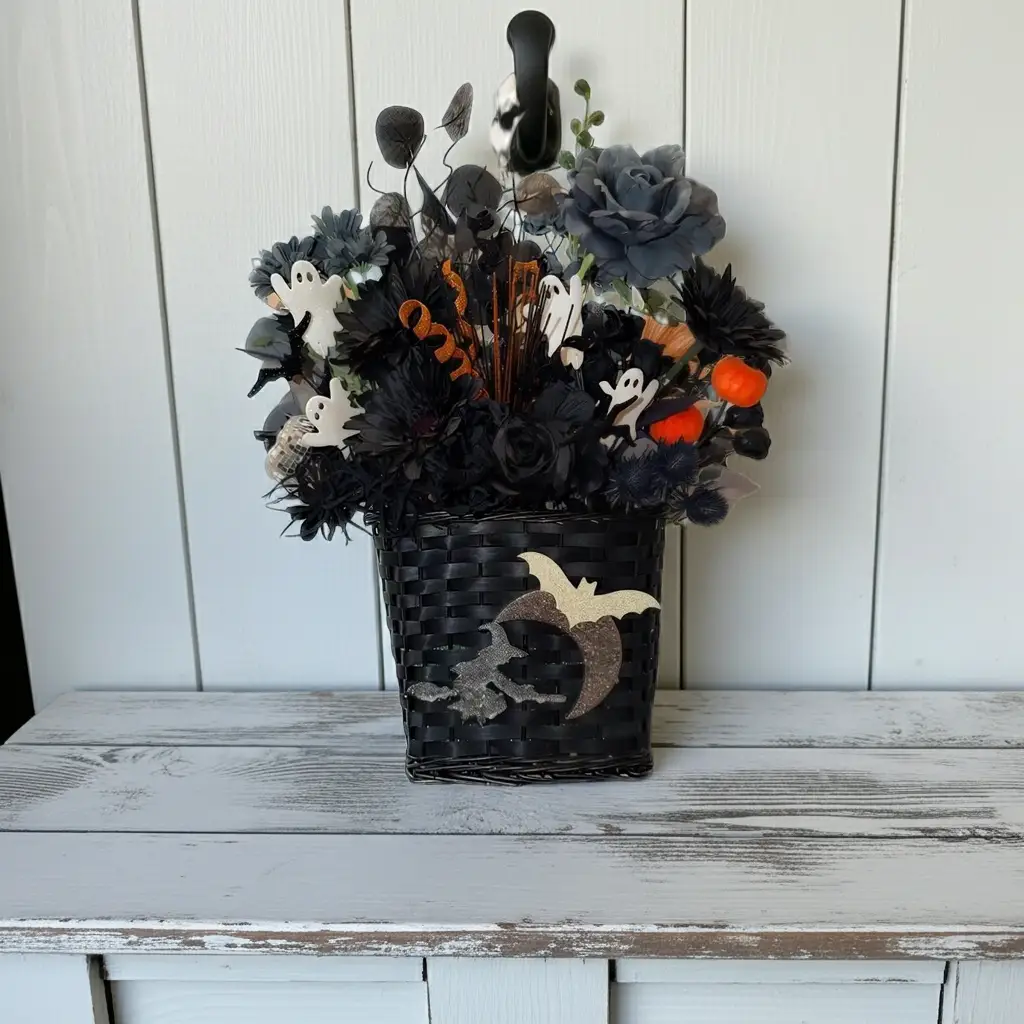 Tulu Prints & Designs Gothic Halloween Door Basket Arrangement — Black & Dusty Blue - Hanging & Wall Vases