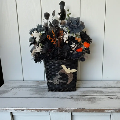 Tulu Prints & Designs Gothic Halloween Door Basket Arrangement — Black & Dusty Blue - Hanging & Wall Vases