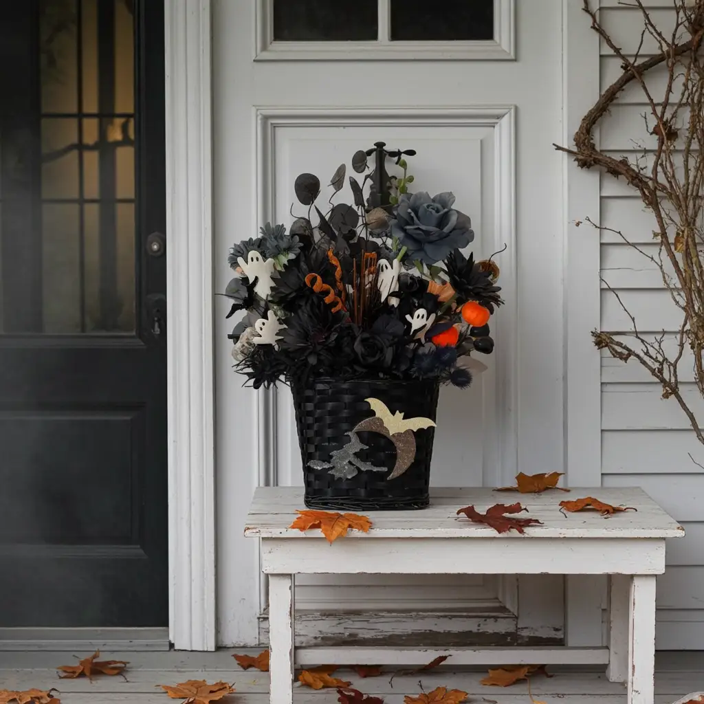 Tulu Prints & Designs Gothic Halloween Door Basket Arrangement — Black & Dusty Blue - Hanging & Wall Vases