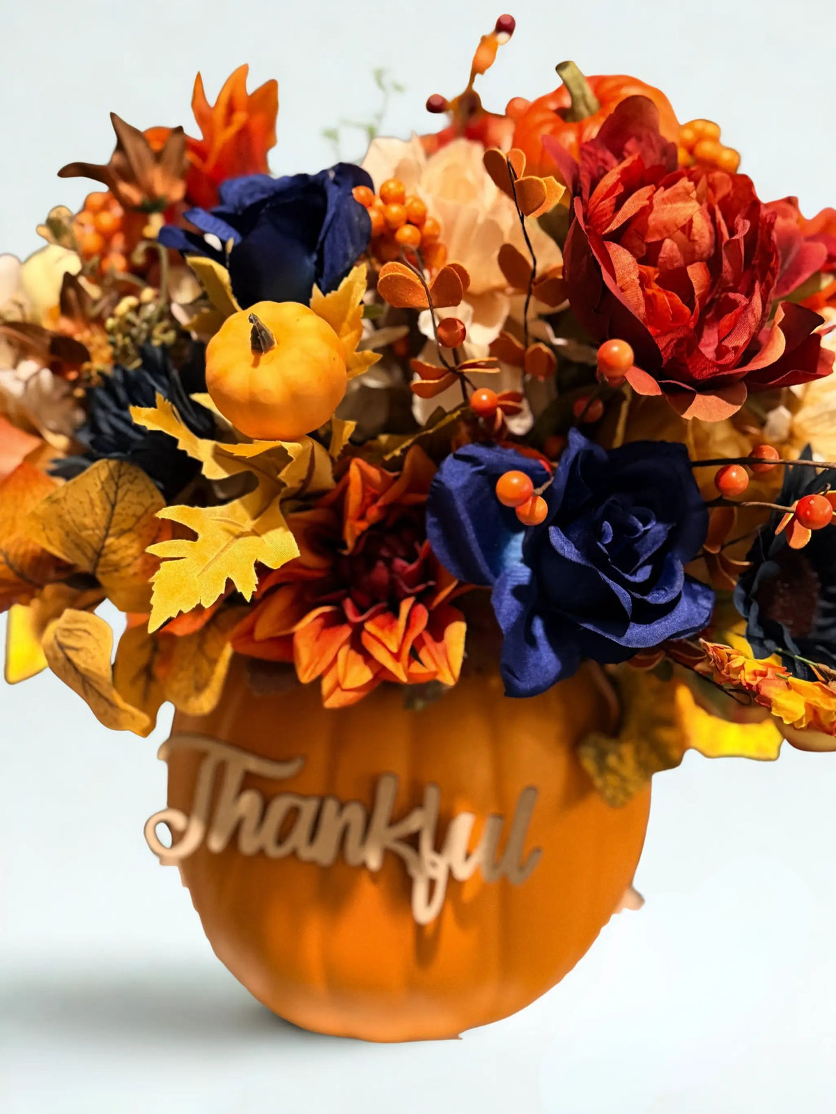 Tulu Prints & Designs Handmade Pumpkin Floral Arrangement | "Blessed" Typography on side | "Thankful" on opposite side - Artificial Flora Home Decor