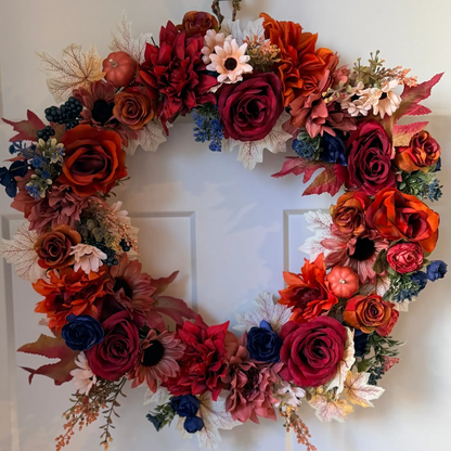 Jewel Tone Fall Wreath 21" | Burgundy & Navy Grapevine Wreath