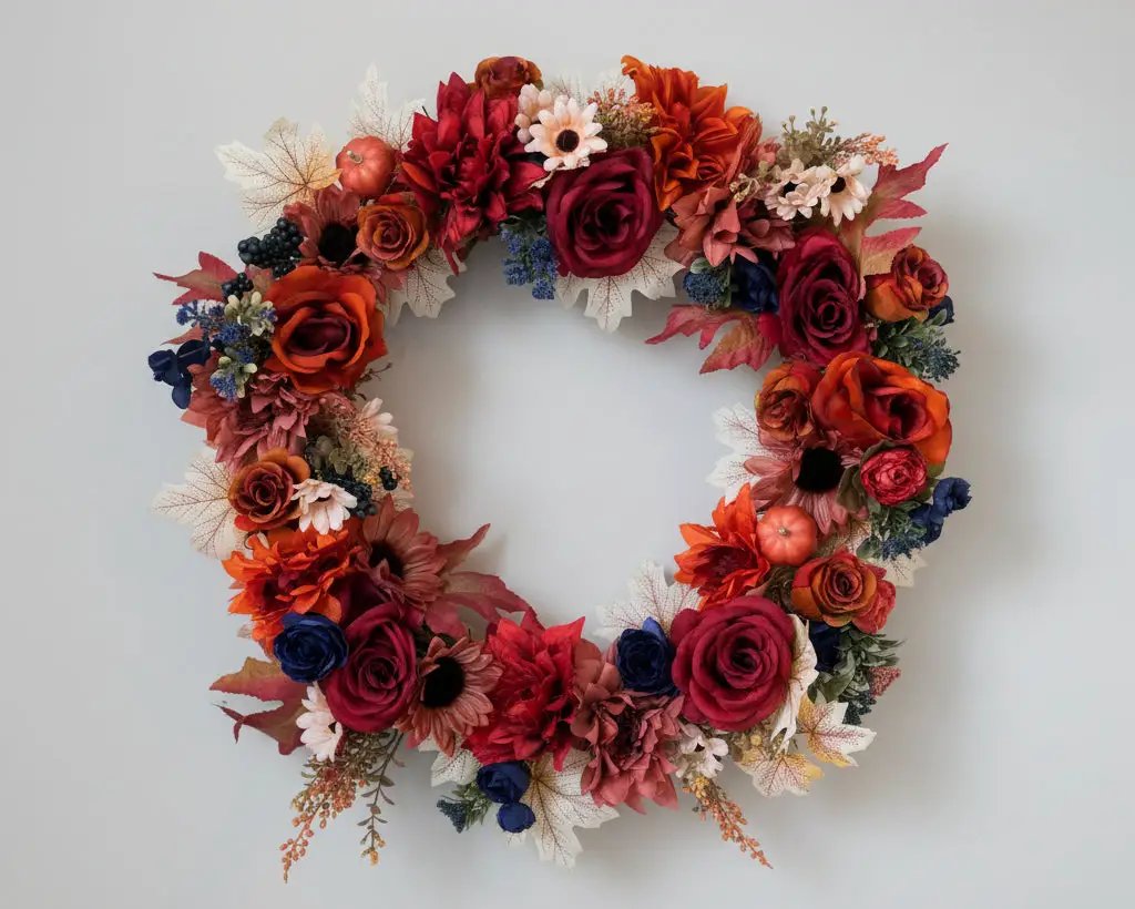 Vibrant fall wreath featuring deep red roses, orange dahlias, white leaves, blue accents, and tiny pumpkins against a plain background.