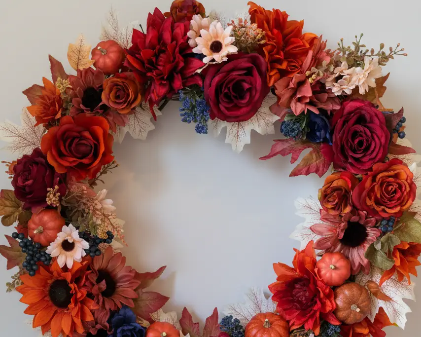 Autumn wreath featuring red roses, orange sunflowers, small pumpkins, maple leaves, and blue berries for fall decor.