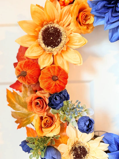 Tulu Prints & Designs Sunflower & Navy Dahlia Fall Wreath - Wreaths & Garlands Home Decor