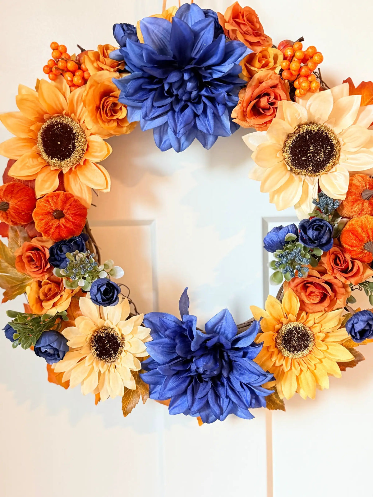 Tulu Prints & Designs Sunflower & Navy Dahlia Fall Wreath - Wreaths & Garlands Home Decor