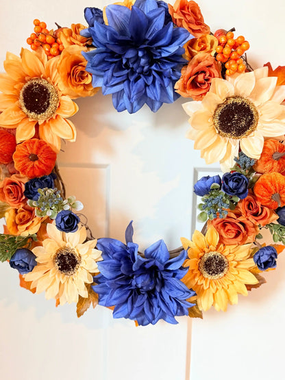 Tulu Prints & Designs Sunflower & Navy Dahlia Fall Wreath - Wreaths & Garlands Home Decor