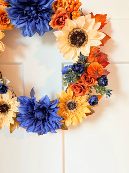 Tulu Prints & Designs Sunflower & Navy Dahlia Fall Wreath - Wreaths & Garlands Home Decor