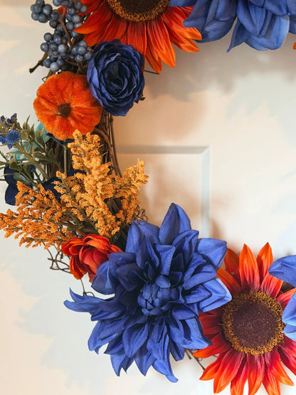 Tulu Designs Tulu Designs Navy Blue and Rust; Orange Sunflower Fall Wreath – Silk Floral Grapevine Door Wreath - Wreaths