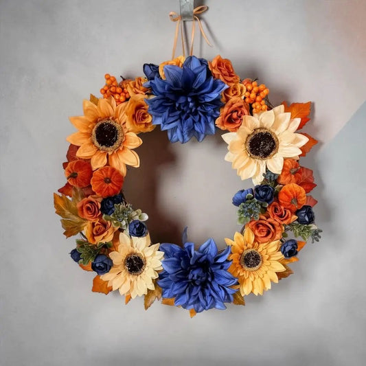 Tulu Prints & Designs Sunflower & Navy Dahlia Fall Wreath - Wreaths & Garlands Home Decor