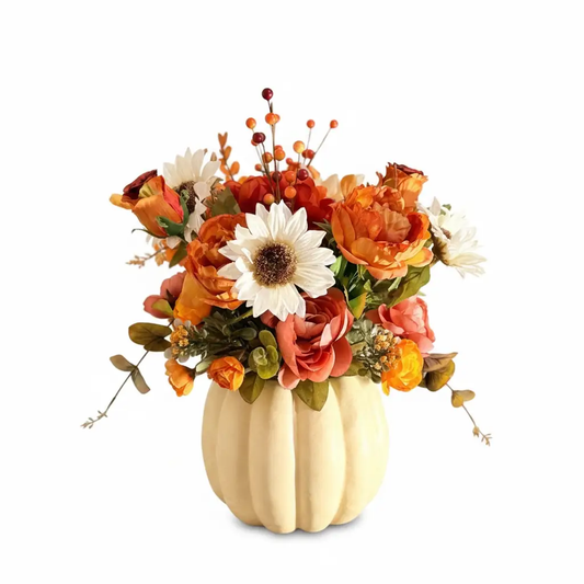 Tulu Prints & Designs Autumn Harvest Bouquet in Cream Pumpkin Vase - Artificial Flowering Plants Home Decor