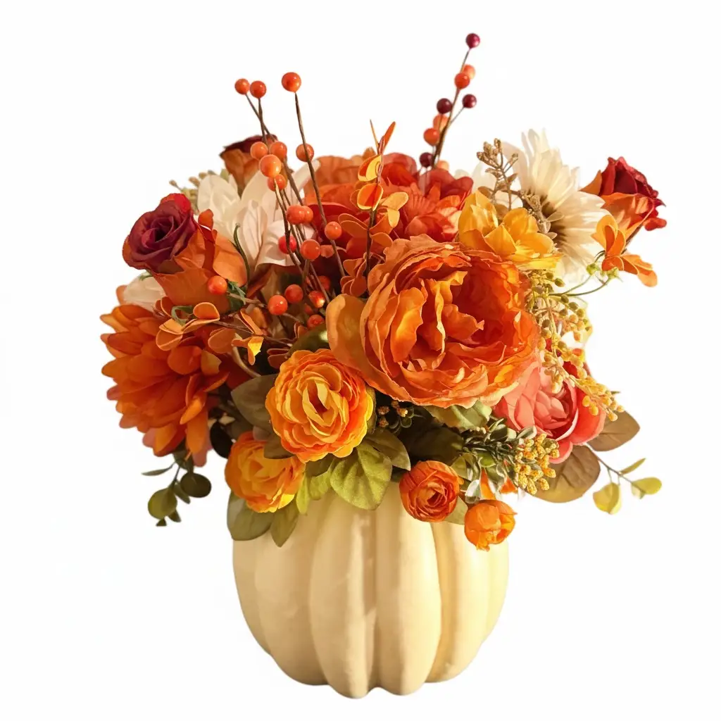 Tulu Prints & Designs Autumn Harvest Bouquet in Cream Pumpkin Vase - Artificial Flowering Plants Home Decor