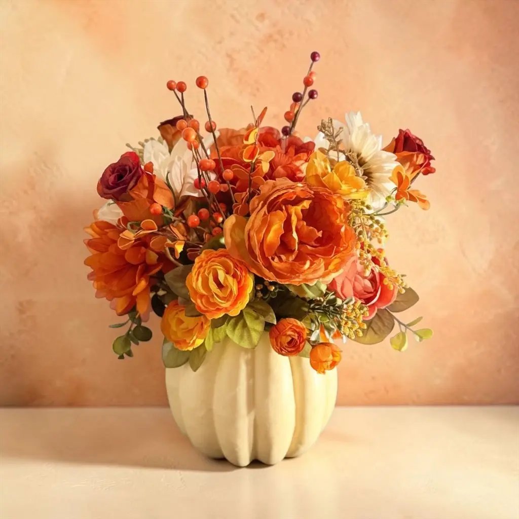 Tulu Prints & Designs Autumn Harvest Bouquet in Cream Pumpkin Vase - Artificial Flowering Plants Home Decor
