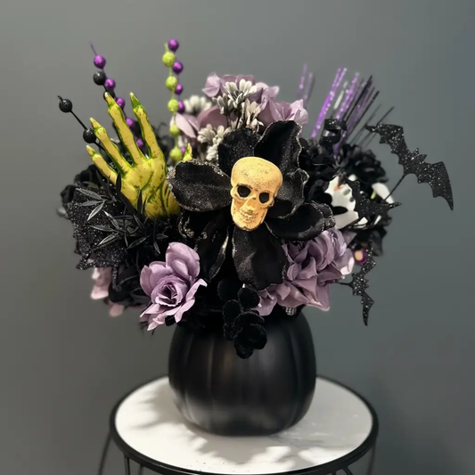 Tulu Prints & Designs Skull & Bones Halloween Bouquet in Black Pumpkin Vase - Seasonal & Holiday Decorations Home Decor