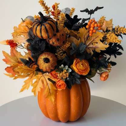 Tulu Designs Tulu Prints &amp; Designs Orange and Black Halloween Pumpkin Floral Arrangement – Glitter Pumpkin Vase Centerpiece - Artificial Flowering Plants