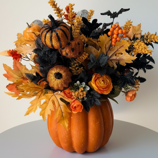 Tulu Designs Tulu Prints &amp; Designs Orange and Black Halloween Pumpkin Floral Arrangement – Glitter Pumpkin Vase Centerpiece - Artificial Flowering Plants