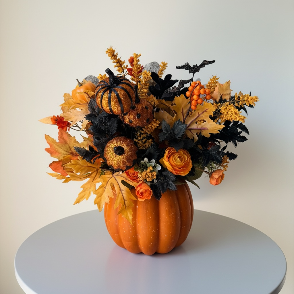 Tulu Designs Tulu Prints &amp; Designs Orange and Black Halloween Pumpkin Floral Arrangement – Glitter Pumpkin Vase Centerpiece - Artificial Flowering Plants