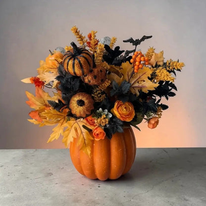 Tulu Designs Tulu Prints &amp; Designs Orange and Black Halloween Pumpkin Floral Arrangement – Glitter Pumpkin Vase Centerpiece - Artificial Flowering Plants