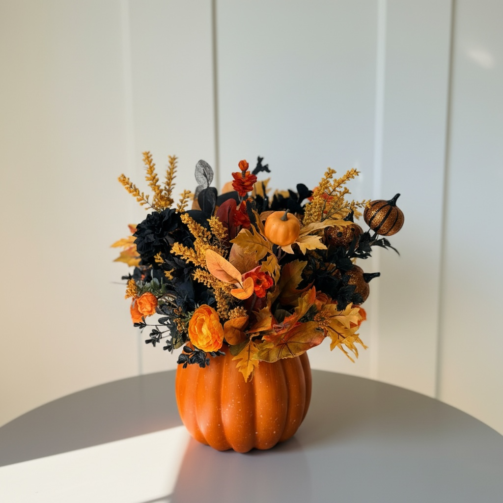 Tulu Designs Tulu Prints &amp; Designs Orange and Black Halloween Pumpkin Floral Arrangement – Glitter Pumpkin Vase Centerpiece - Artificial Flowering Plants