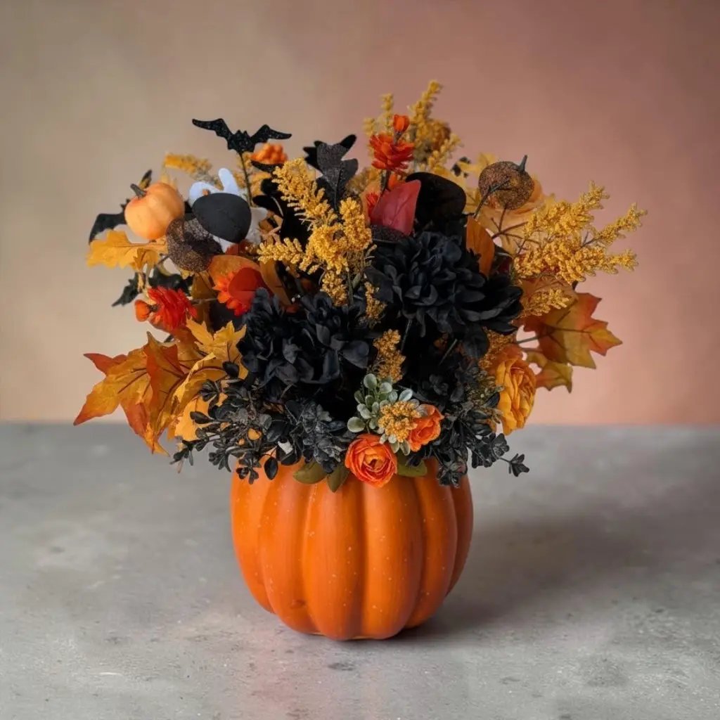 Tulu Designs Tulu Prints &amp; Designs Orange and Black Halloween Pumpkin Floral Arrangement – Glitter Pumpkin Vase Centerpiece - Artificial Flowering Plants